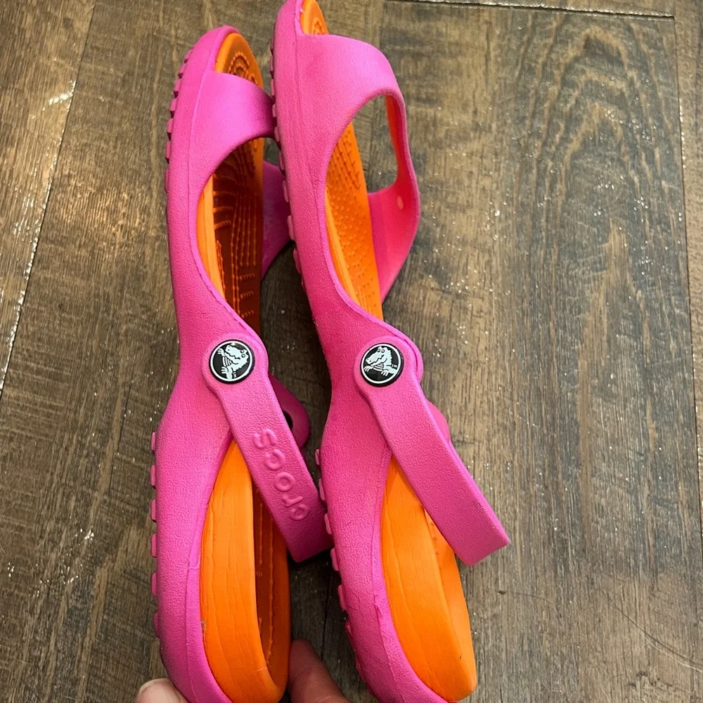 Crocs Cleo‎ Sandals Two Strap Slip On Slides Flipflop Sandals Women's Sz 11 Pink - Picture 6 of 7